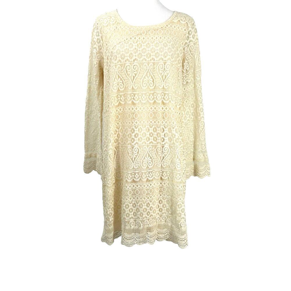 Vtg Ivory Lace Long Sleeve Lined Dress Party Wedding  Size XL Missing Brand Tag